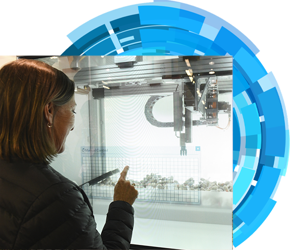 Woman pointing at objects in a display